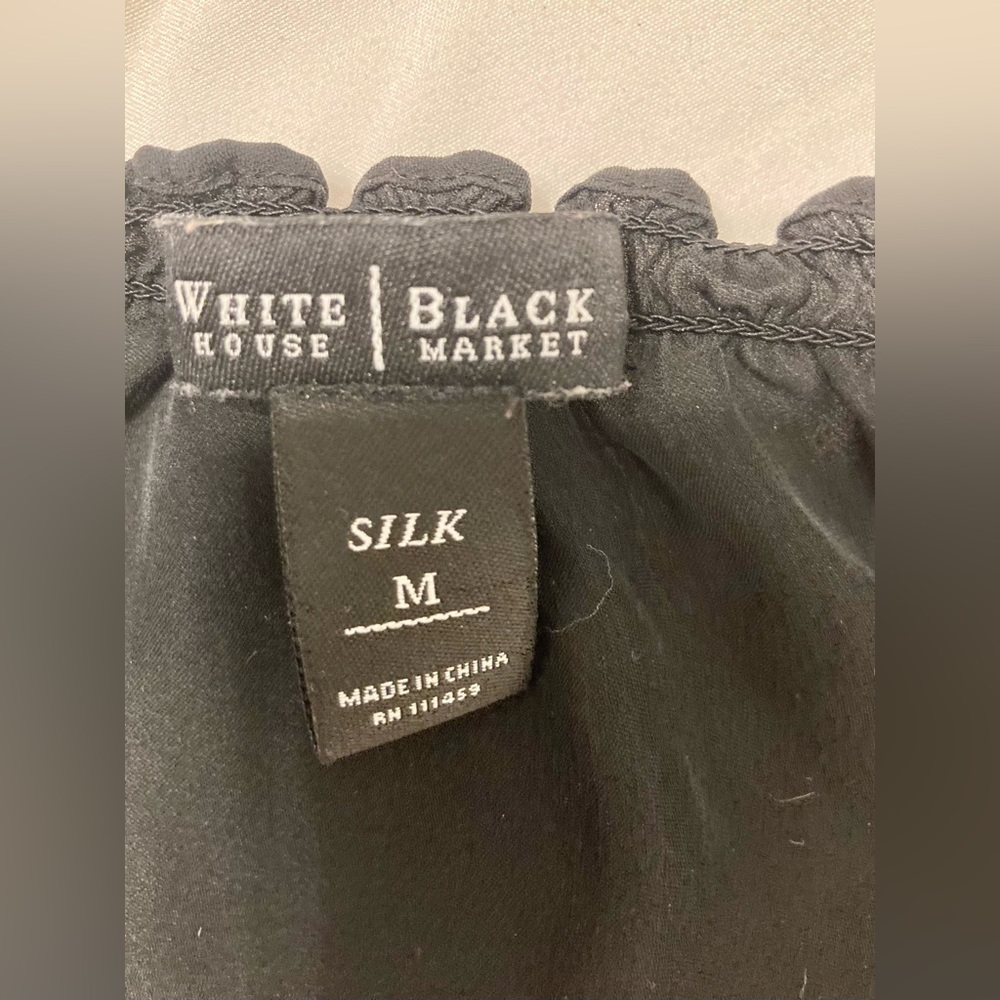 White House black market black silk shirt short sleeve button embroidered SZ- M - Picture 7 of 7